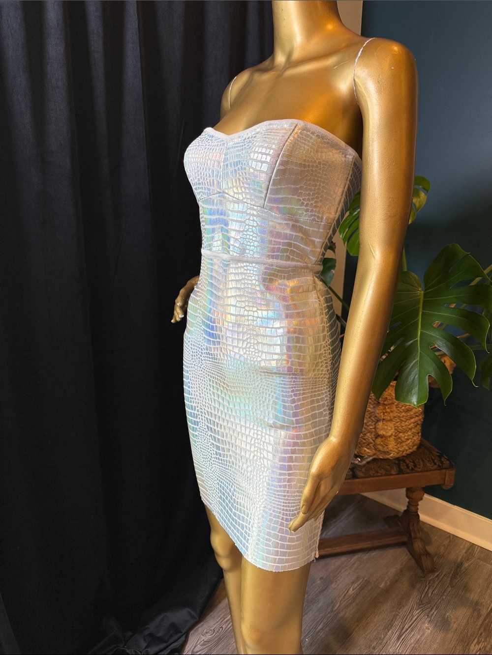 BCBGMaxAzria Iridescent Strapless Croc-Print Bodycon Dress - White